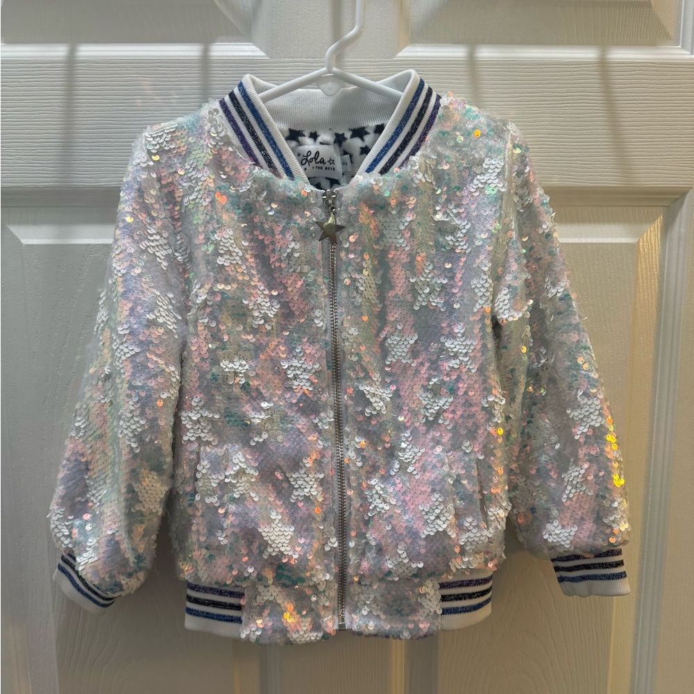 Lola + The Boys Iridescent Star Sequin Bomber Jacket with Stripe Trim Size 2